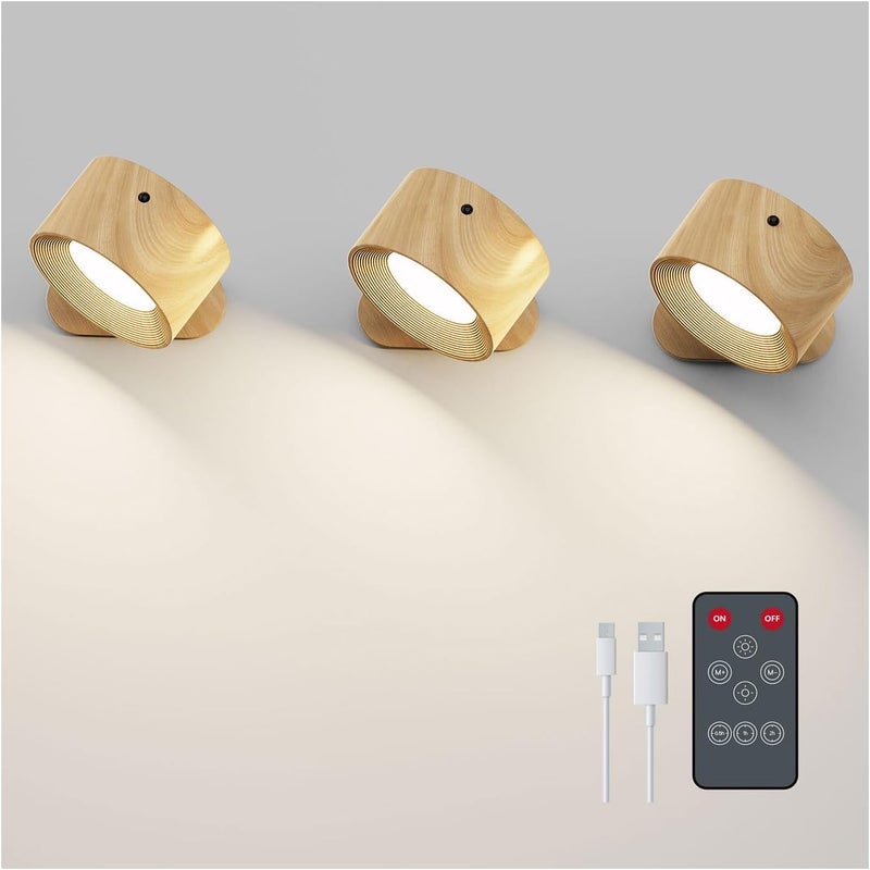 Koopala 3PACK Rechargeable LED Wall Sconce, Cordless Battery with Remote Powered Wall Sconce, 3 Brightness Levels, 360° Swivel Magnetic Shade for Reading Bedside, Wood Grain Color. - Image 1